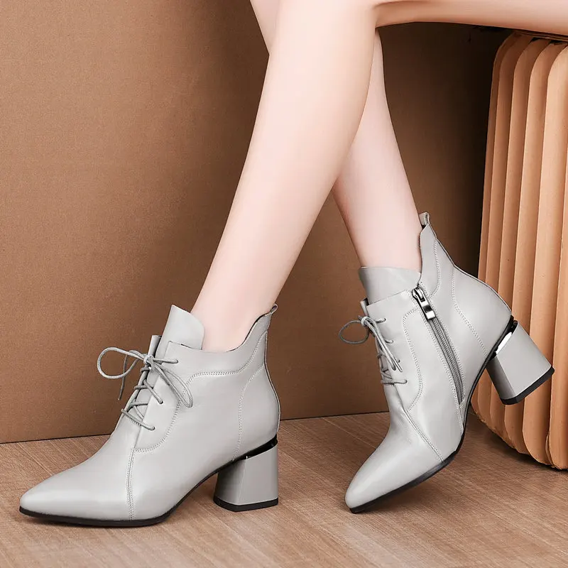 NEMAONE/женские ботинки ботильоны из натуральной кожи обувь на высоком каблуке со шнуровкой женские демисезонные ботинки Большие размеры 34-45
