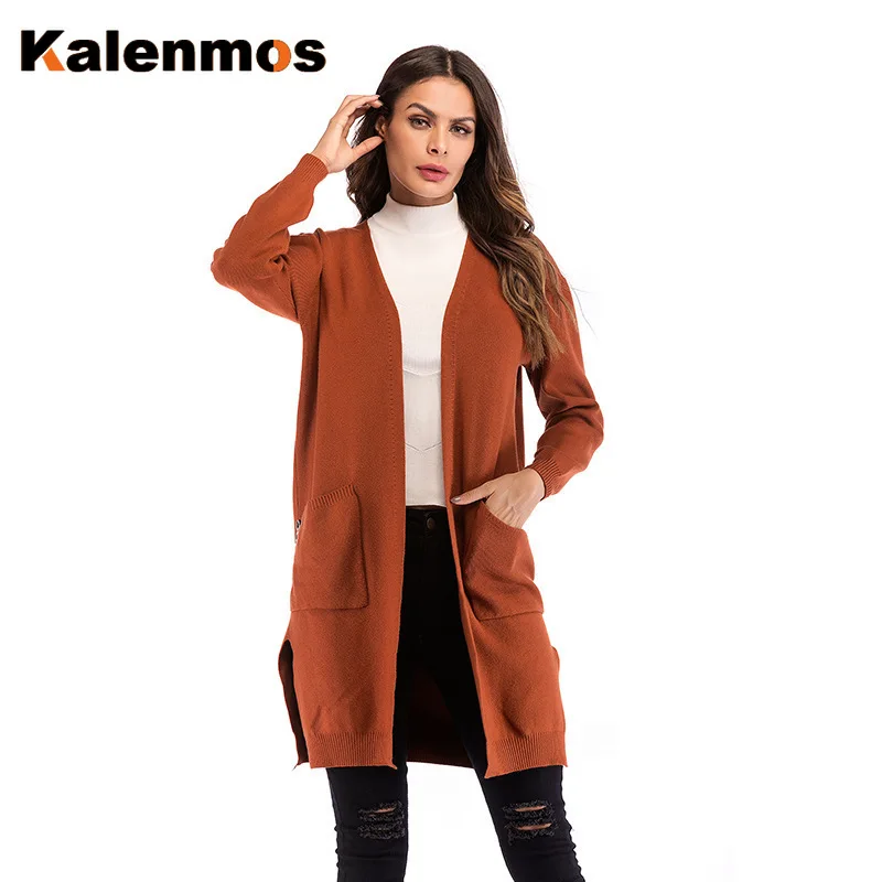 Осенне-зимний вязаный женский кардиган толстый длинный свитер женский свободный однотонный карманы трикотажные кофты Повседневная хлопковая верхняя одежда с v-образным вырезом Новинка