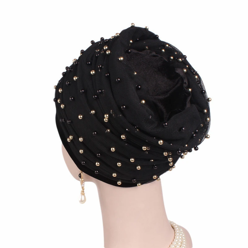 Мусульманский длинный хвост шарф шляпа Skullies Beanie бархатная шапочка жемчужный головной платок Африканский тюрбан женские повязки для волос