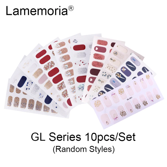 10/20pcs Full Cover Wraps Nail Polish Stickers Strips Plain Nail Art Decorations Stripe Designs Glitter Powder Manicure Tips GL-10pcs random