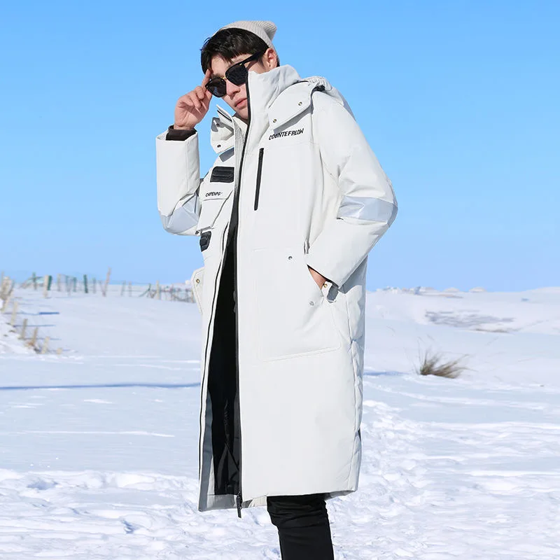 Men's and women's down jackets long white duck down hooded down jackets couple extra warm working snow resort winter traveling
