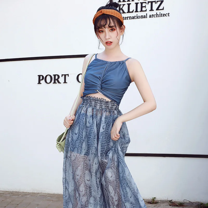 

2019 New Style Beach Skirt Loose Pants Sexy Camisole Pleated Split Type Three-piece Set Bathing Suit Women's Thailand Holiday Sw
