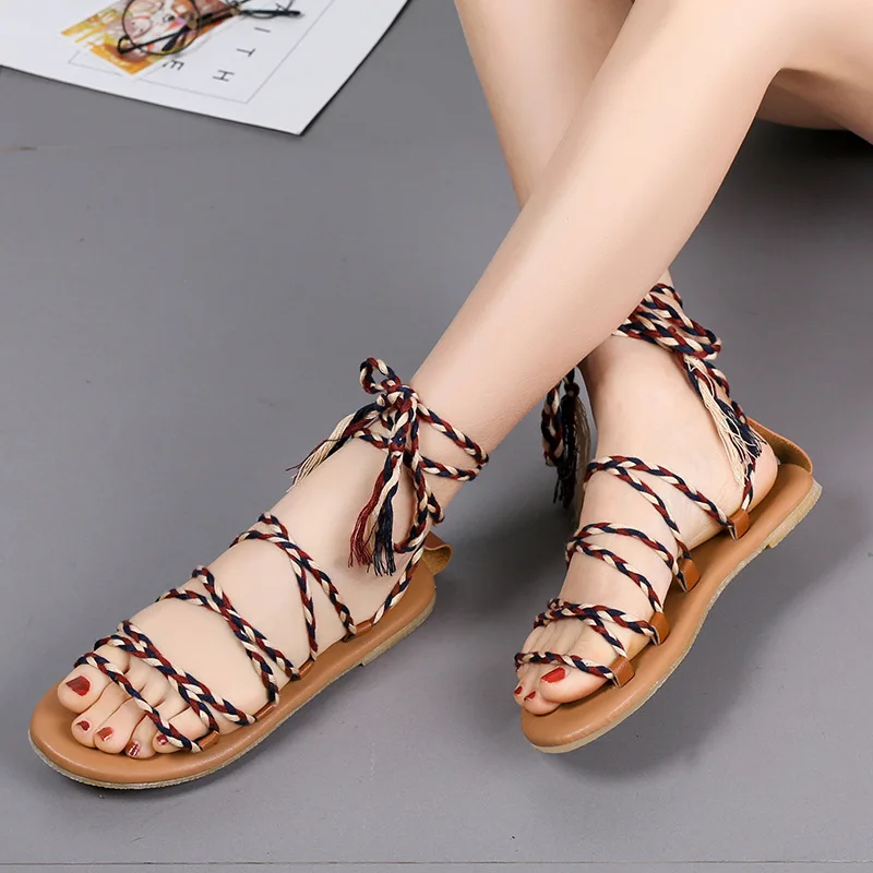 

2019 Summer Women Sandals Fashion Gladiator Sandals Summer Shoes Female Flat Sandals Rome Style Cross Tied Sandals Shoes 35-43