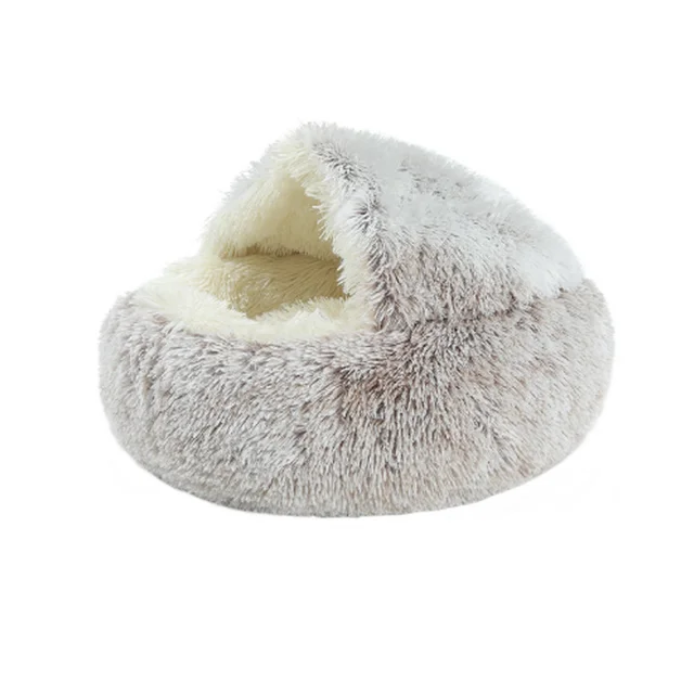 Winter Cat Bed Long Plush Pet Cat Cushion Warm Sleep Bag Bed Round Half-Pack Cat Basket Lounger Nest For Small Medium Large Dog Coffee Long Plush