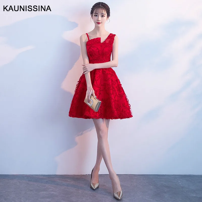 Red KAUNISSINA короткое коктейльное платье Элегантное банкетное вечернее платье без рукавов однотонное с аппликацией платье для выпускного вечера vestidos robe - Цвет: Red