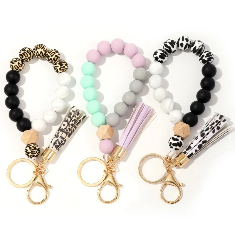 Silicone Keyring For Women Accessories Tassel Beads Bracelet Keychain