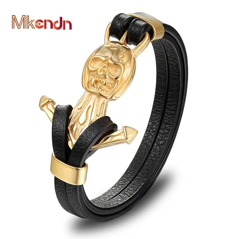 

MKENDN Fashion Multi-layer Stainless Steel Genuine Leather Wolf Elephant Anchor Skull Bracelet Men Casual Personalized Pulseira