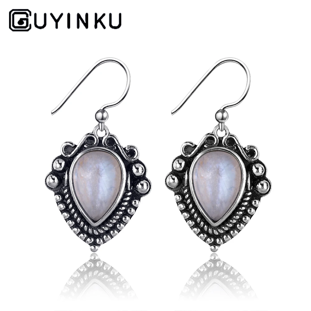 

S925 Sterling Silver Pendant Earrings Jewelry Fashion Retro Big Pear Shape 8 * 11 Natural Moonstone Earrings Anniversary Gift