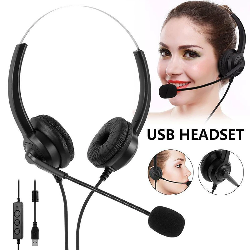 Pohiks 1pc USB Wired Headphone Customer Service Headset with Noise Cancelling Mic for PC Laptop Call Center Telephone