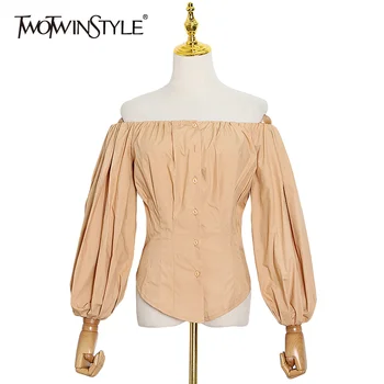

TWOTWINSTYLE Elegant Black Shirt For Women Slash Neck Off Shoulder Lantern Sleeve Blouse Female 2020 Fall Fashion New Clothes