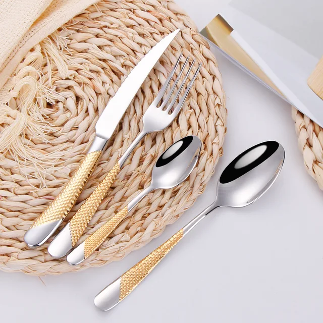 24Pcs KuBac Hommi Gold Plated Stainless Steel Dinnerware Set Dinner Knife Fork Cutlery Set Service For 4 Drop Shipping 3