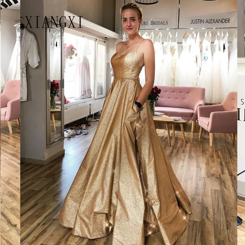 

Charming Gold Evening Dresses Long Shinning A-Line Spaghetti Strap Floor Length Evening Dress Party Gowns Vestido de festa 2019