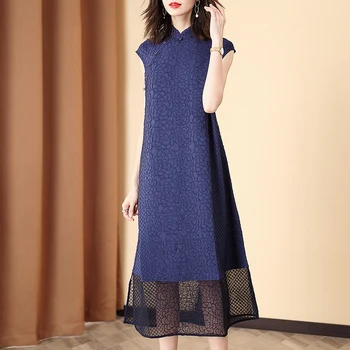

Vintage Dress Plus Size For Women 45-75 kg 2020 Summer Stand collar Sleeveless Loose Miyake Pleated Middle-age Mother Dress