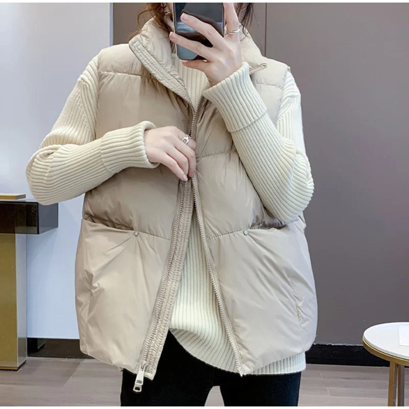 White Duck Down Women's Vest Puffer Jacket Stand-up Collar Zipper Sleeveless Loose Coat Women Vests Solid Pocket Warm Waistcoat women's puffer jacket
