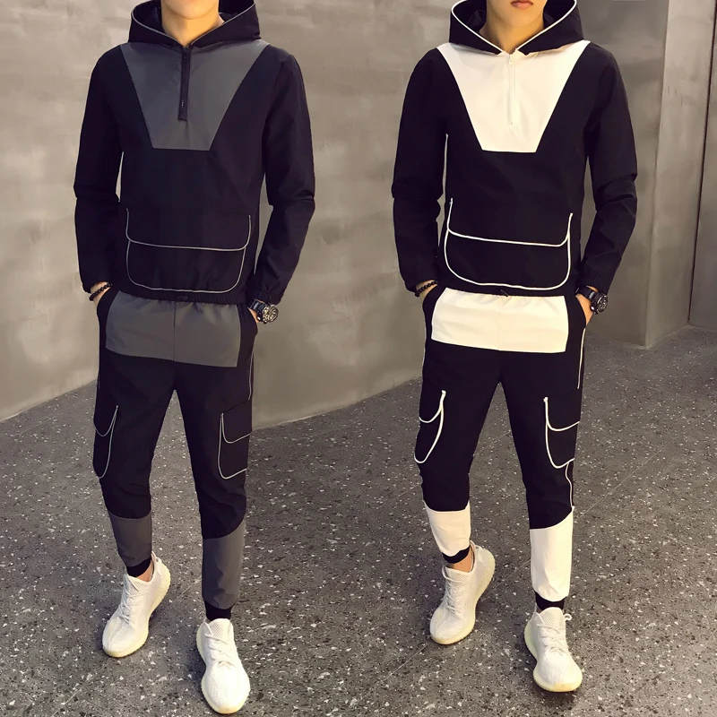 Спортивный костюм, толстовка с капюшоном и штаны, костюм, большие размеры 3xl, осенние мужские повседневные комбинированные контрастные комплекты, камуфляжная куртка+ штаны, 2 предмета