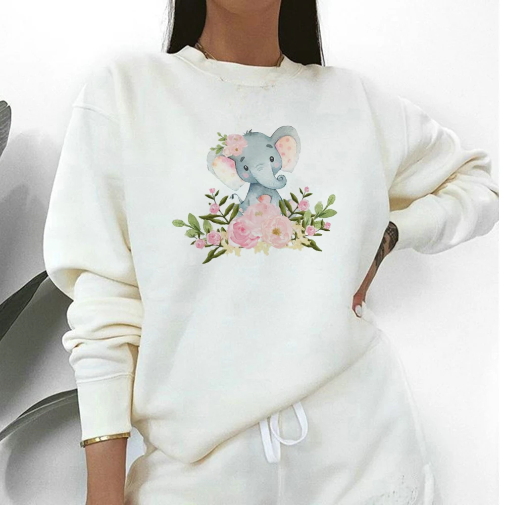 

Autumn Warm Women Beautiful Hoodies Cute Little Elephant Print Urban Jogging Sweatshirts Modern Girly Versatile White Pullover