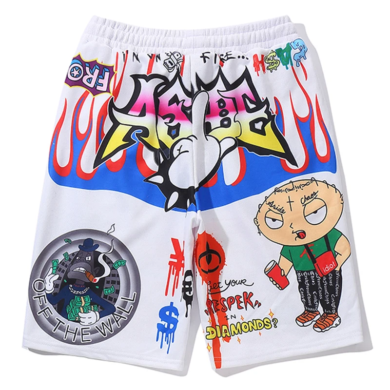 White Aolamegs мужские шорты с рисунком граффити из мультфильма Бермуды пляжные шорты до колена хип-хоп с эластичной талией высокие уличные летние спортивные штаны - Цвет: White