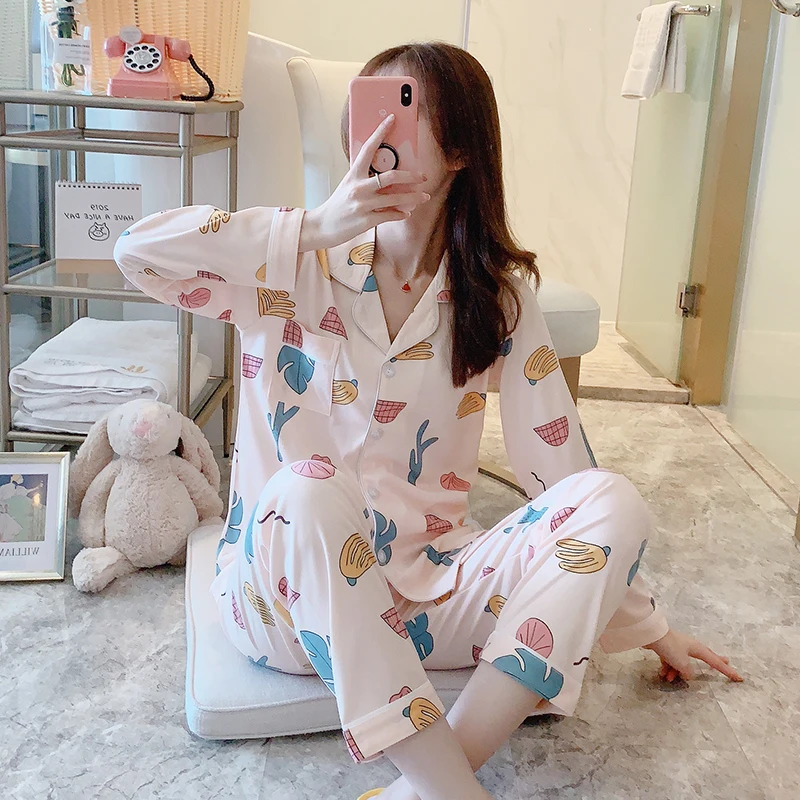 Пижамы для женщин с длинным рукавом в клетку в Корейском стиле розовый Kawaii пижамный комплект размера плюс женская домашняя одежда мягкая с отложным воротником