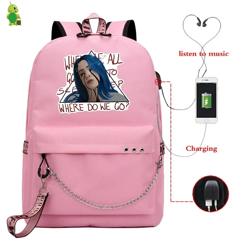 Рюкзак Mochila Billie Eilish, школьные сумки для девочек-подростков, рюкзак для ноутбука с зарядкой через Usb, Женские рюкзаки в стиле хип-хоп, модная сумка для книг - Цвет: 13