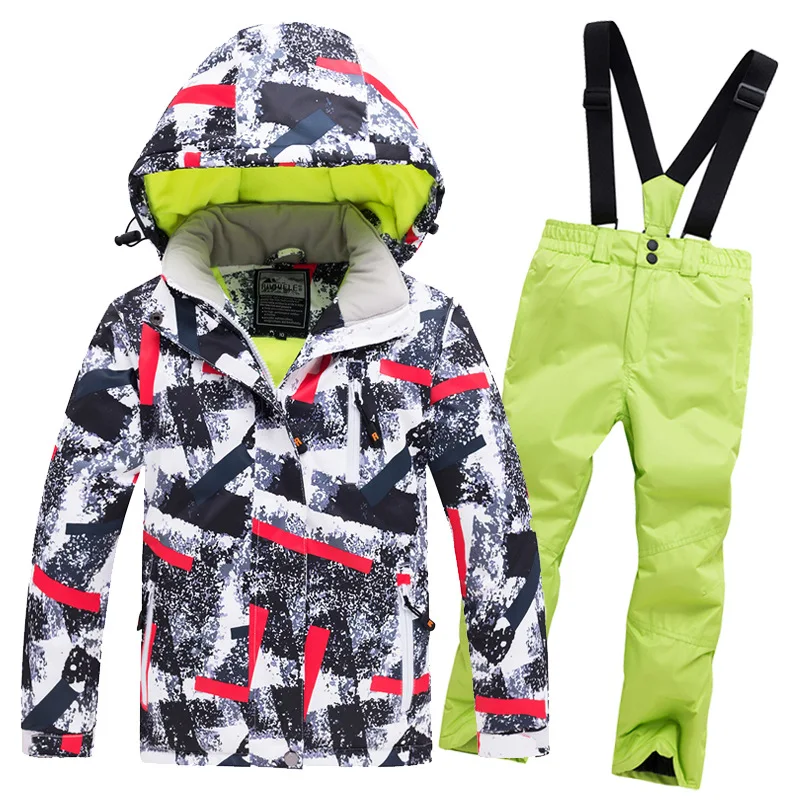 Ski Suit Winter Boys Girls Outdoor Snowboard Jacket Sportswear Waterproof Children's Clothing Skiing Jacket Warm Windproof - Color: black strips green