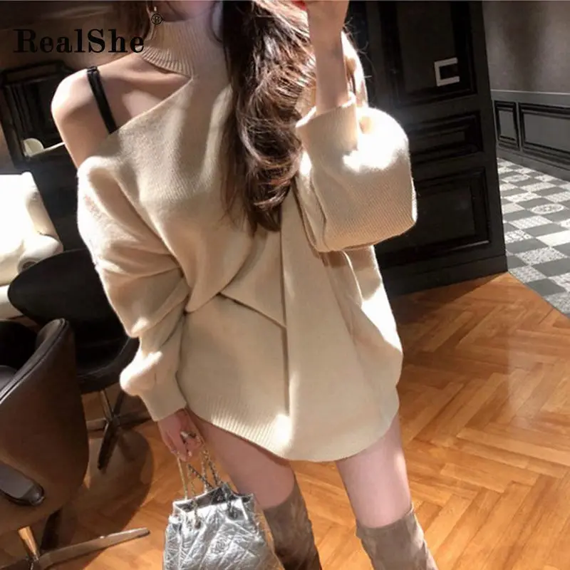 RealShe Cashmere Sweater Women Turtleneck Full Lantern Sleeve Woman Pullover Knitted Casual Fall Sweaters for | Женская одежда