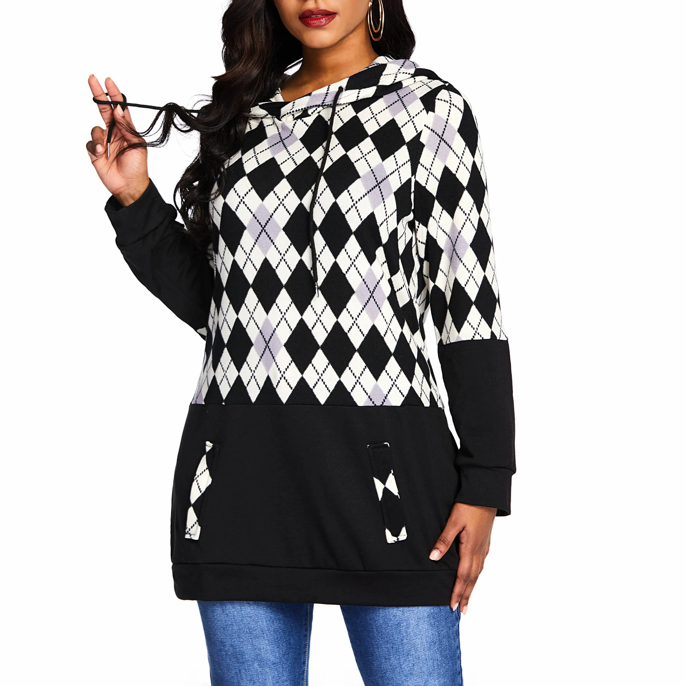 Women Hoodie Sweatshirt Plaid Hooded Long Sleeve Pullover Hoodies Drawstring Plus Size 4XL Fashion Female Autumn Winter Hoodie