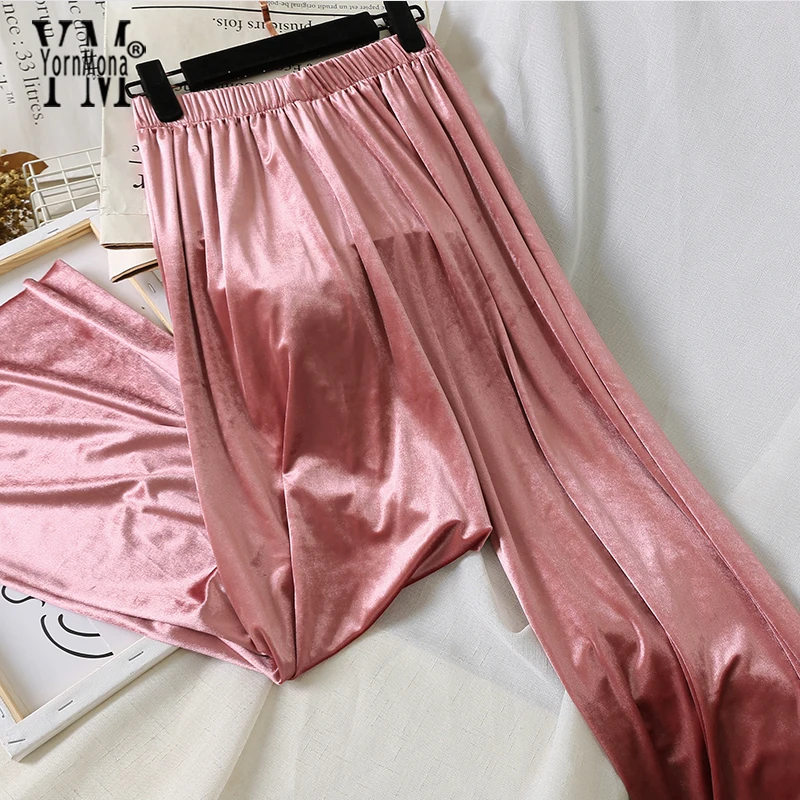

YornMona 2019 Women High Waist Pink Pants Capris Wide Leg Pants Autumn Velvet Long Pants Solid Color Casual Ladies Trousers