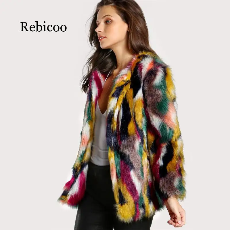 Зимнее цветное меховое пальто, женское элегантное меховое пальто, цветное теплое пальто из искусственного меха, Брендовое модное повседневное женское пальто с длинным рукавом без воротника