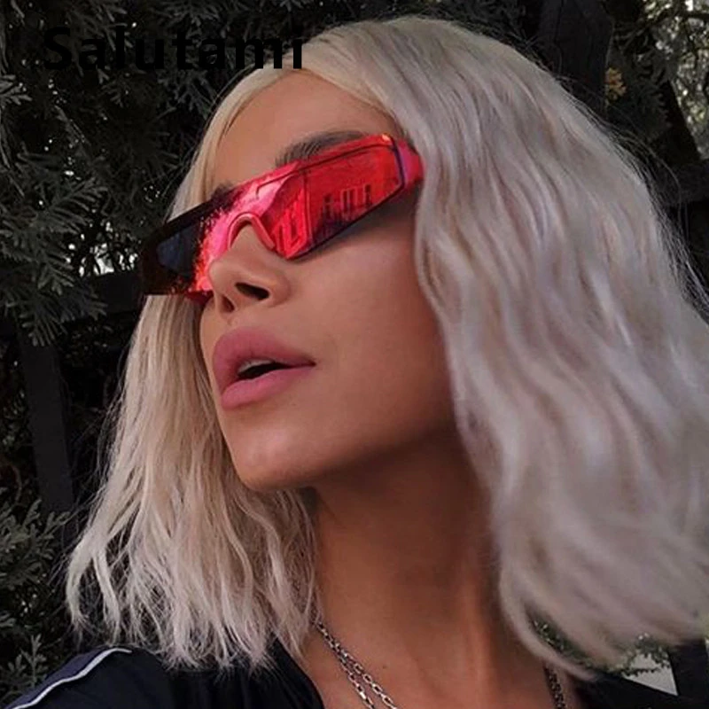 One Piece Small Cat Eye Sunglasses Women Red Purple Mirror Eyewear Men Chic Stripe Lens Rimless Sun Glasses Female Brand Shades