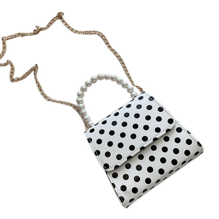 

ABZC-Retro Dot Ladies Handbag Sweet Pearl Handle Handbags Pu Chain Messenger Bag Girls Shoulder Bag