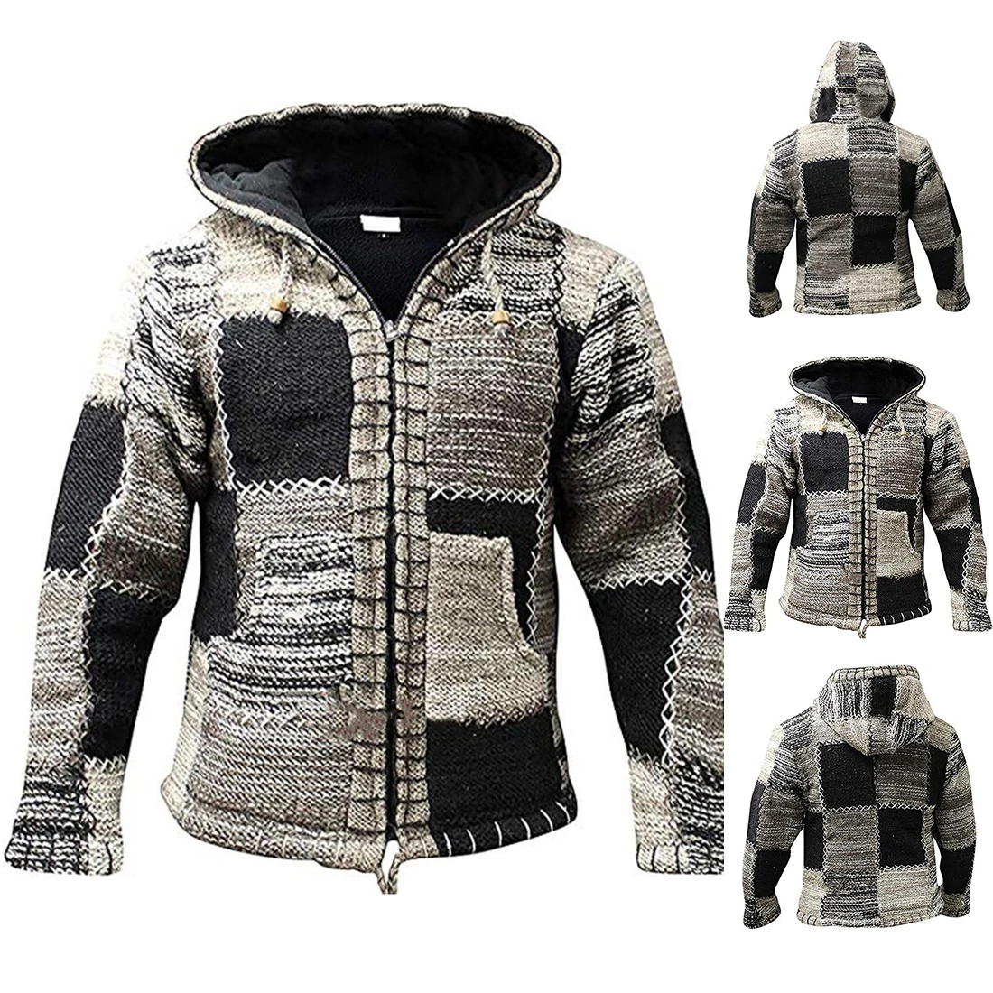 

2020 Winter Men Patchwork Knitted Outwear Coat Sweater With Pocket Autumn Men Hooded Wool Cardigan Sweater Jumper
