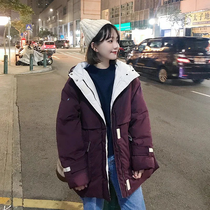 

2019 Winter New Style BF Hooded Coat INS Korean-style Loose-Fit Hong Kong Style Short Workwear Cotton Coat Women's Fashion Cotto