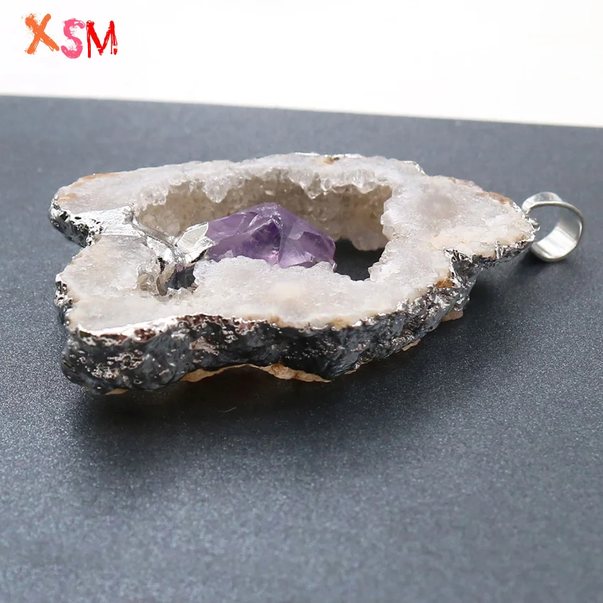 XSM Кристалл Druse фрагмент жеоды кулон естественный неправильной формы аметисты инкрустация полые Druzy для женщин талисманы ювелирных изделий ожерелье подходит