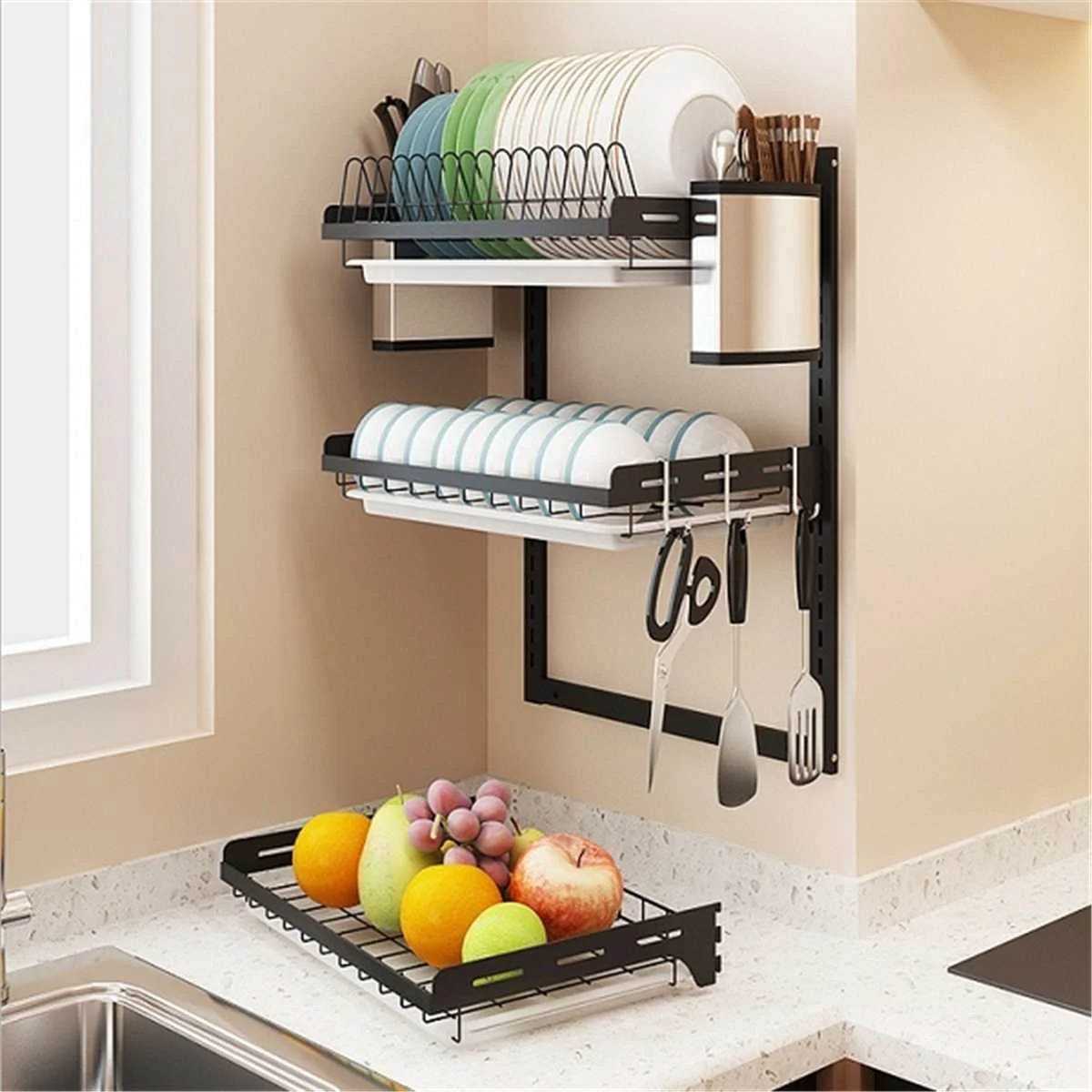 3 Tier Hanging Dish Drying Rack Wall Mount Organizer, Steel