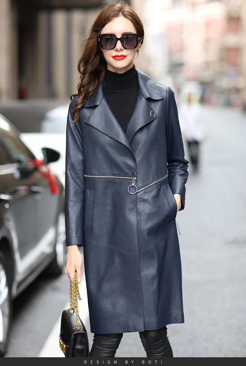 

Fashion Genuine Leather Jacket Long Loose Trech Coat Female Real Sheepskin Coats Autumn Winter Jackets for Women LMS372