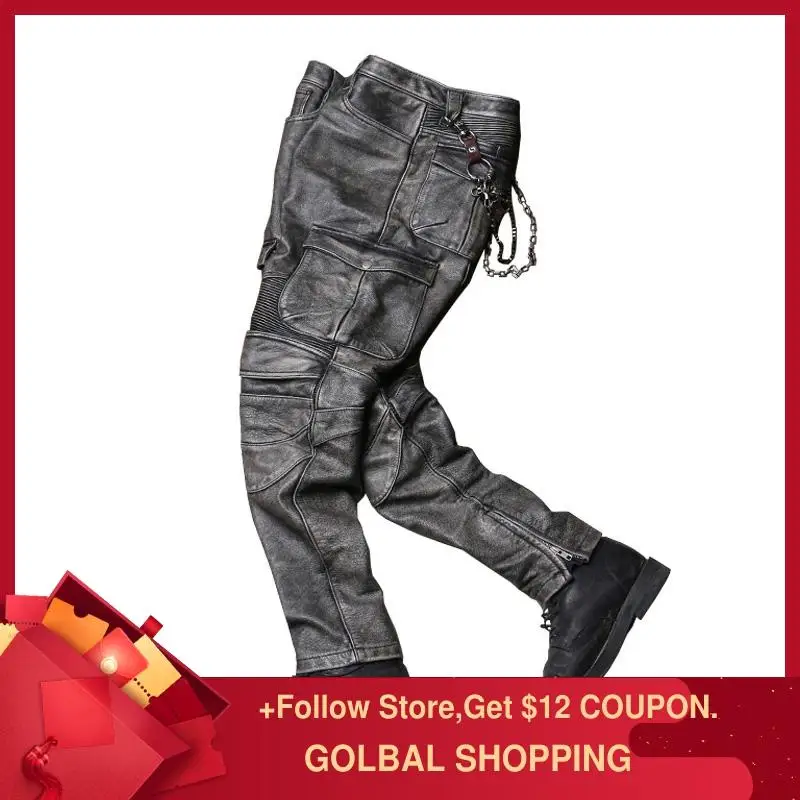 2020 Vintage Grey Men Biker's Leather Trousers Large Size XXXXL Genuine Cowhide Autumn Slim Fit Motorcycle Leather Pants 2020 Vintage Grey Men Biker's Leather Trousers Large Size XXXXL Genuine Cowhide Autumn Slim Fit Motorcycle Leather Pants