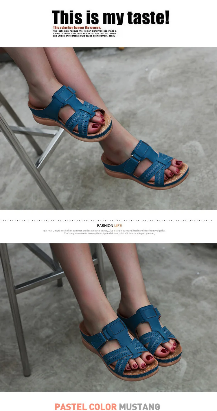 2022 Summer Women Wedge Sandals Premium Orthopedic Open Toe Sandals Vintage Anti-slip Leather Casual Female Platform Retro Shoes