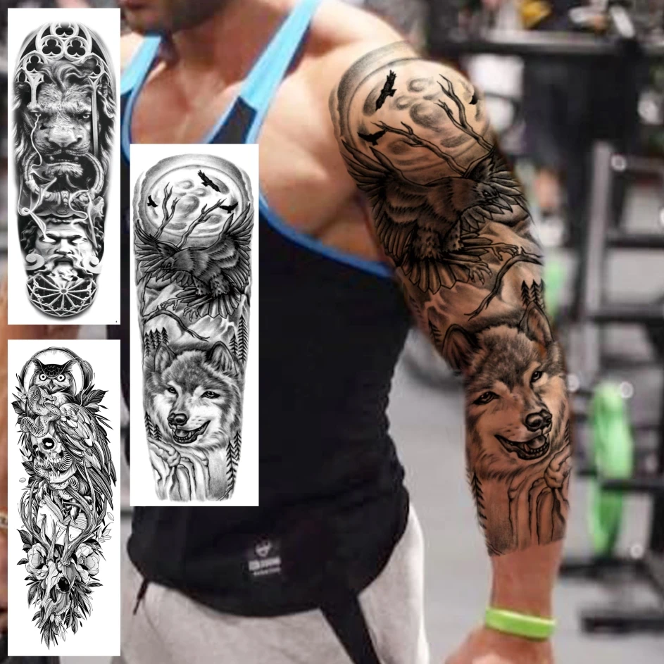 Realistic Eagle Wolf Lion Full Arm Tattoo Sleeve For Men Adult Skull Owl  Temporary Tattoos Sticker Big Water Transfer Fake Tatoo - Temporary Tattoos  - AliExpress