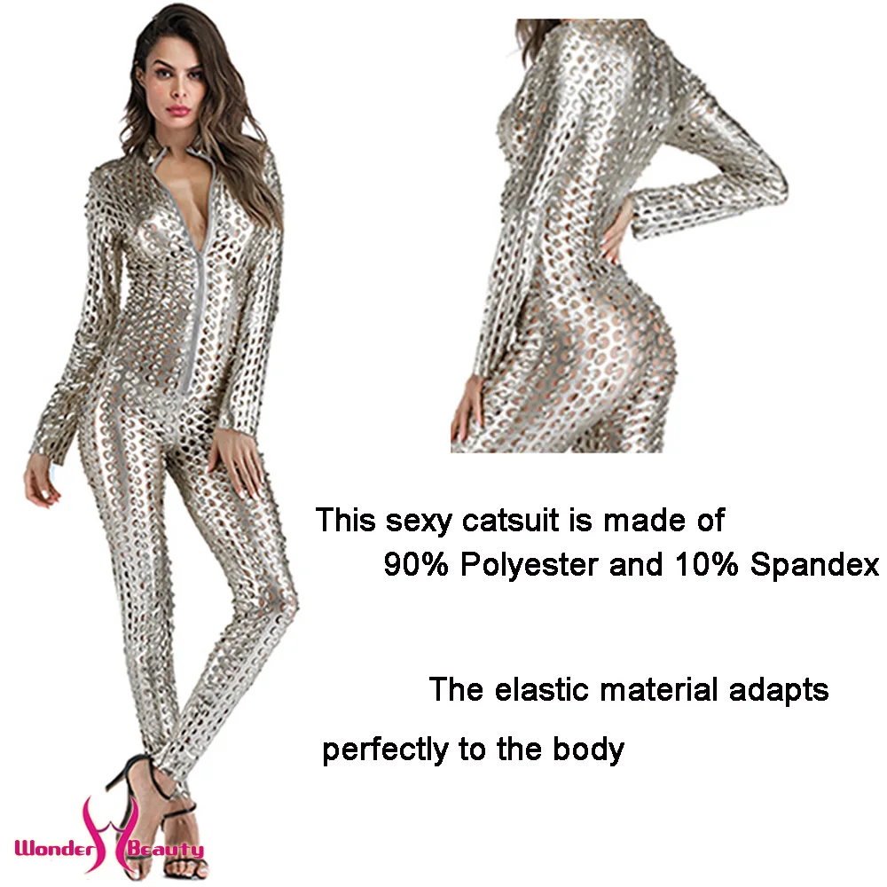 faux leather catsuit catwomen shiny black gold silver metallic leather jumpsuit wetlook pu leotard bodysuit bar night clubwear (10)