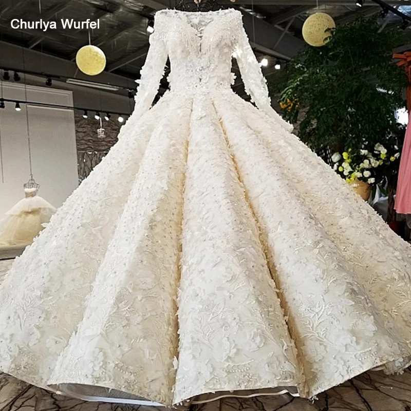 

LS87412 new popular design long sleeves 3D flowers like white lace wedding dress two layers skirt back china wedding-dress-2019