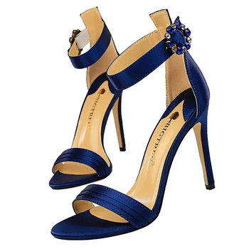 

2020 Crystal Women Satin 11cm High Heels Fetish Silk Sandals Gladiator Summer Shoes Wedding Green Platform Blue Stripper Sandles