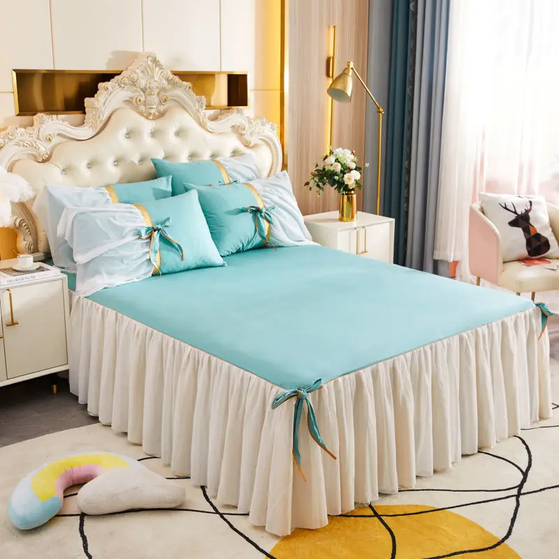 

100% Cotton Fabric Princess Lace Bedspread King Queen Size Bed Skirt with Pillowcase, 1pc Bed Skirt+2pcs Pillowcases