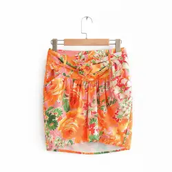 Уличная мода 2019, винтажная шикарная юбка с цветочным принтом и поясом, Женская Мини-Юбка со средней талией, повседневные платья для