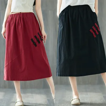 

Skirts Women Spring ‘s Mid-calf Retro Literature And Art Chinese Style A-line Skirt Summer Lady Club Skirts Mujer Women Summer