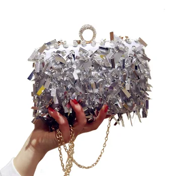 

Handmade sequined women's small tassel bag Silver Bling Crystal Knuckle Ring Evening Bags Ladies Wedding purses and handbags