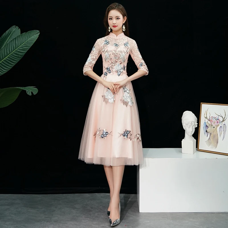 Светло розовые женские вечерние платья восточные кружевные Cheongsam элегантный в