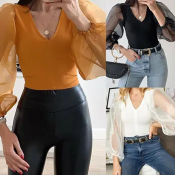 

Womens Mesh Sheer Puff Sleeve Bodysuit Jumpsuit Ladies Sexy V Neck Leotard Top Ladies Bodycon Stretch Crop Jumpsuit Romper Top