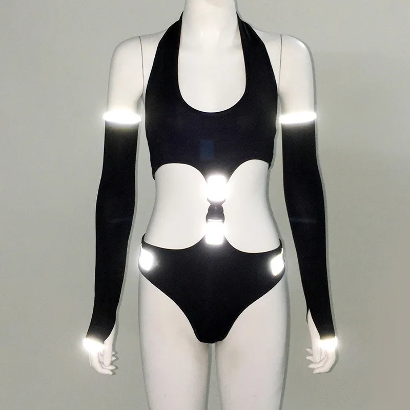 Женщины Сплайсинга u-образным вырезом Холтер Светоотражающие полосатые комбинезоны ночной клуб сексуальные сценические комбинезоны с парой оверсайз