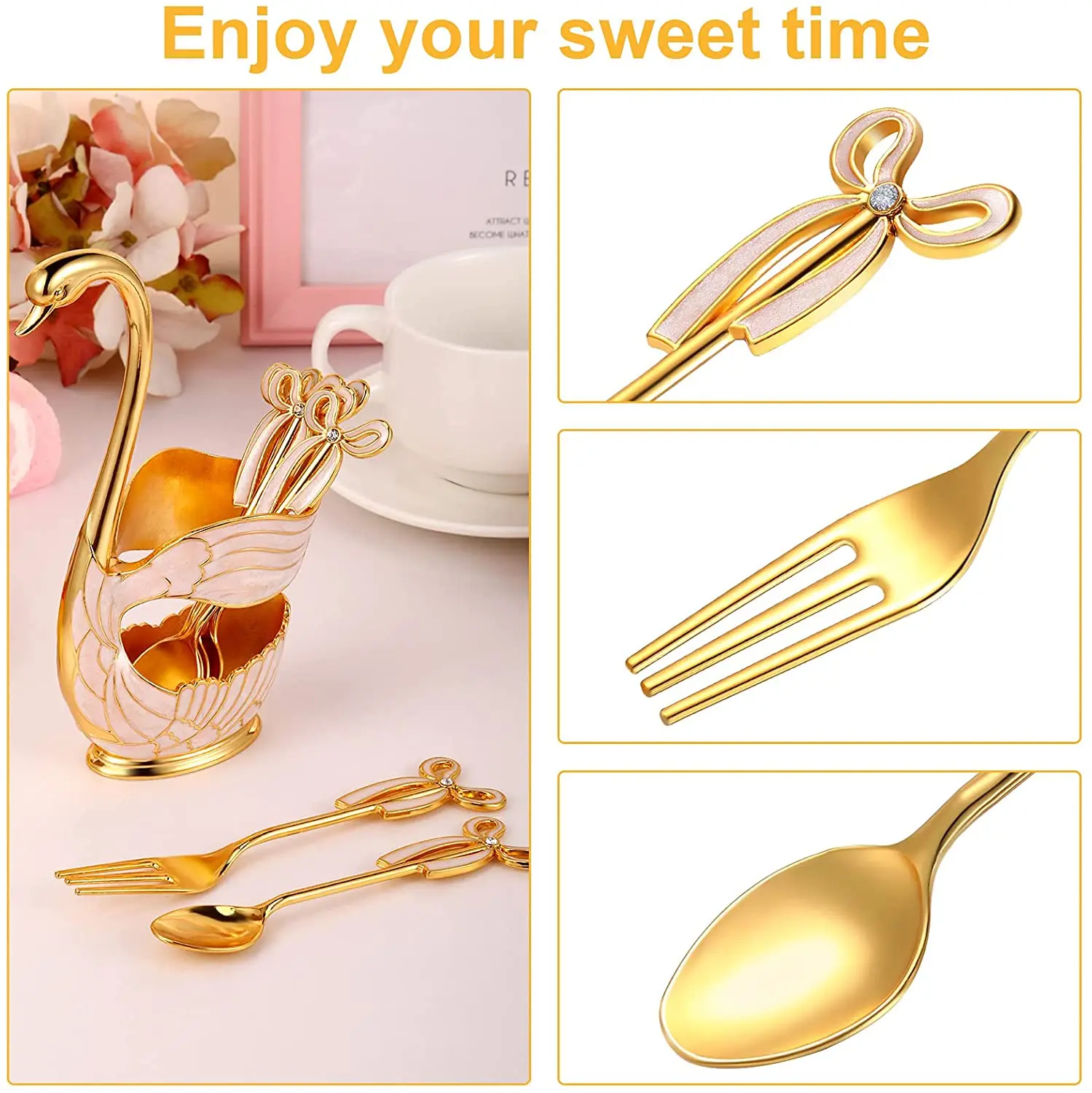 Luxury Metal Coffee Dessert Spoon Set Swan Base Holder With 6pcs Ice Cream Spoons Forks Teaspoons Dessert Sugar Salad Flatware