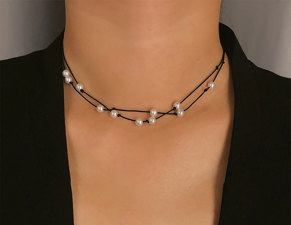 Черная веревка, жемчужное ожерелье-чокер с узлом, Женское Ожерелье из искусственного жемчуга, ожерелье с цепочкой, модное многослойное ожерелье в стиле бохо, ювелирное изделие